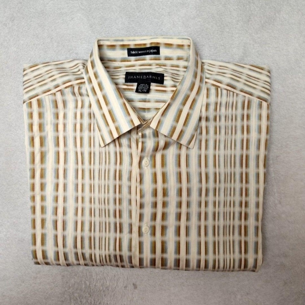 Jhane Barnes Shirt Men XL White Check Point Collar Long Sleeve 100% Cotton Japan